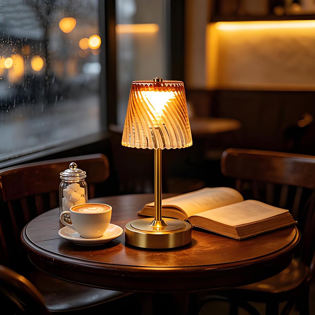 AoLa LED Vintage Tischlampe Kabellos Dimmbar mit Touch Control Akku Tischleuchte Gold USB Aufladbar Nachttischlampe Ohne Kabel Batterie Lampe mit Glas Lampenschirm Deko Lampe für Esszimmer Bartheke,G