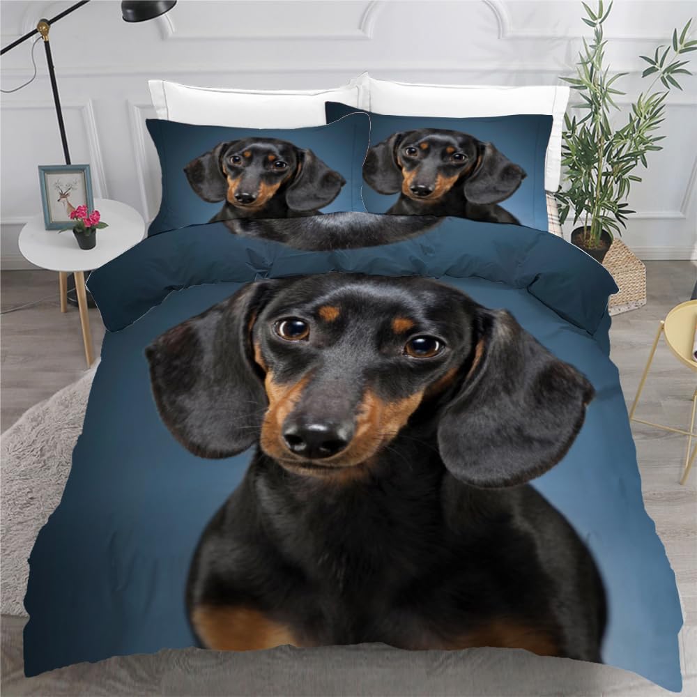 ROUSKI Bettwäsche Dackel 135x200 cm 2teilig 100% Mikrofaser Kinderbettwäsche Süßer Dackel Wendebettwäsche mit Reißverschluss 3D Motiv Zimmer Dekor Bettwäsche-Sets mit Kissenbezüge 80x80
