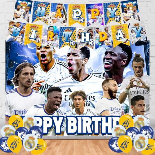 Madrid Football Happy Birthday Backdrop The Madrid Football Banner Poster for Soccer Theme Party Decorations Birthday Supplies Background Studio Shoot Photo Props Booth
