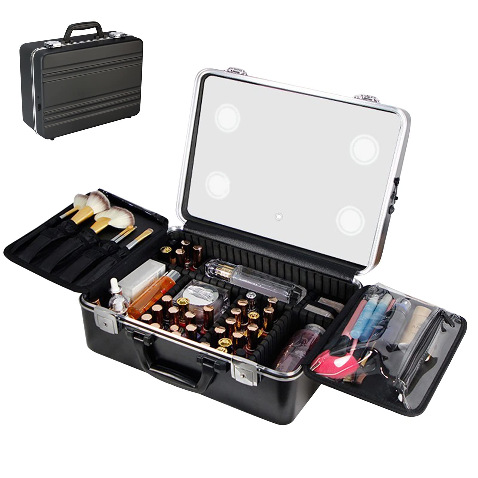 Vanity Case podświetlany LED, Aktówka Makijaż Piękna Etui Podróżna Vanity Makijaż Kobiety Aktówka Manicure, Zamykane Pudełko do Makijażu, Makijaż z Lusterkiem Dodatkowym, Czarny, czarny, Taille
