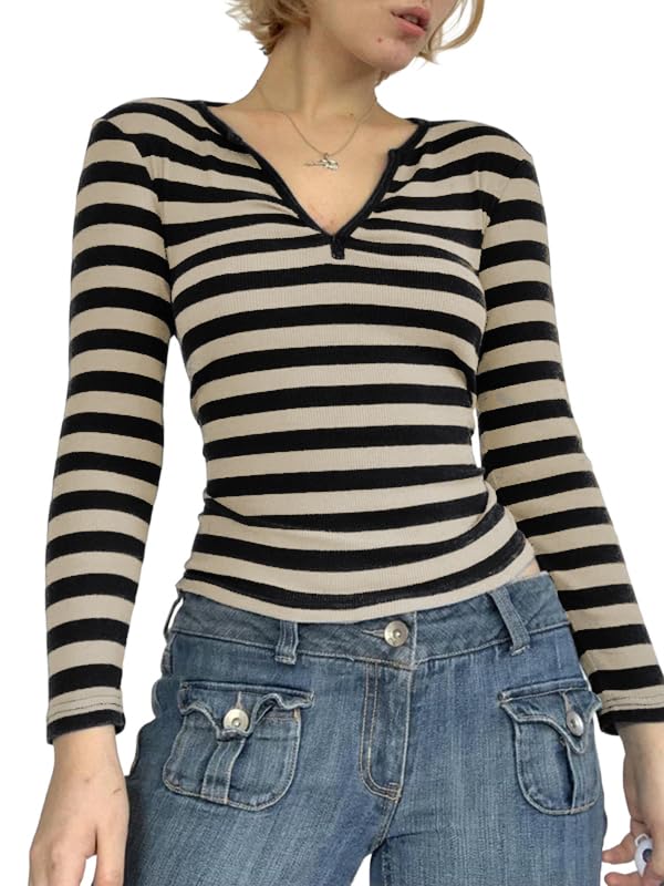 Image of Women Off Shoulder Striped Long Sleeve Top 2026 Fall Going Out Tee Shirts