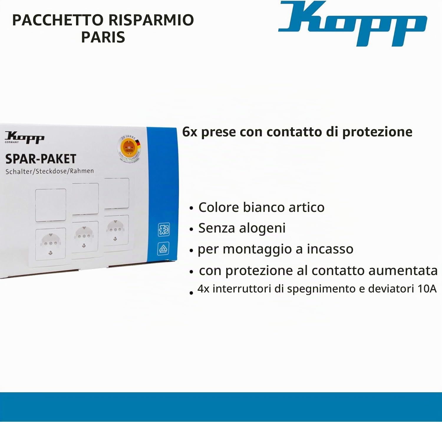 Kopp Paris Set economico bianco artico, contenuto: 6 x prese di contatto con protezione aumentata, 4 x interruttori di spegnimento e commutazione e 5 x telai di copertura a 2 pieghe, 990065007