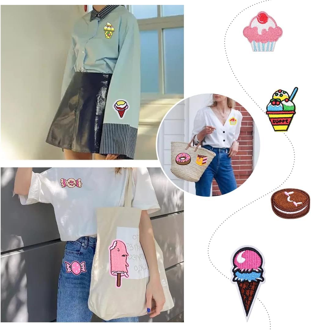 KASTWAVE 32 Pcs Cartoon Iron on Patch for clothes Ice Cream Embroidered Applique Patches Dessert Patches for Backpacks Sew on Patches Decorative Repair Patch for Clothes, Hat, Jeans, DIY Accessories