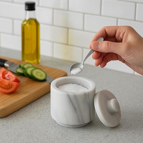 Miniatura 7 de Creative Home Sal de mármol natural para bodega, 3 pulgadas de diámetro x 3.3 pulgadas de alto, recipiente de sal y especias tallado a mano para