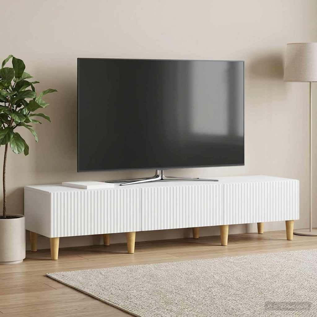 Mobile TV basso con 3 cassetti, bianco, 147 x 34,5 x 30 cm, in legno, mobile multimediale per TV, home theater, passacavi, spazio per ricevitori, altoparlanti