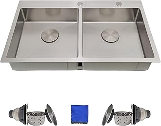 33 Inch Double Bowl Kitchen Sinks Drop In – Delironexu 16 Gauge Stainless Steel Kitchen Sink Double Bowl, 33x19 Drop In Double Kitchen Sink with Brushed Finish, 6 Inch Deep 50/50 Overmount Sink