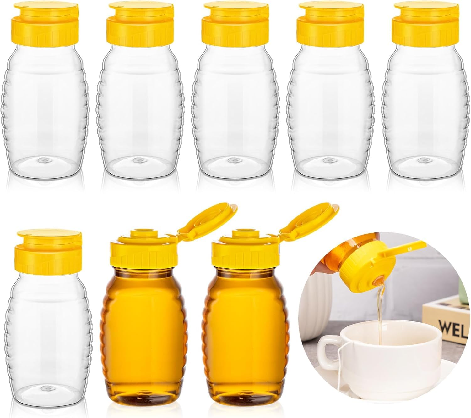 8Pcs Honey Dispenser No Drip, 5oz Clear Plastic Honey Jars, Refillable