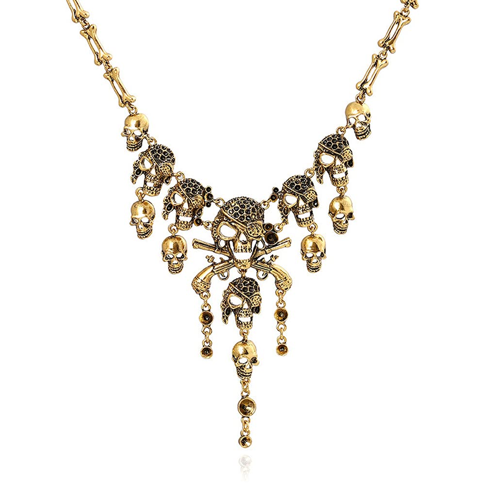 YJZQ Vintage Halloween Skull Bone Necklace Jewellery Women Pirate Cosplay Fancy Dress Costume Accessory, Golden A - Image 2