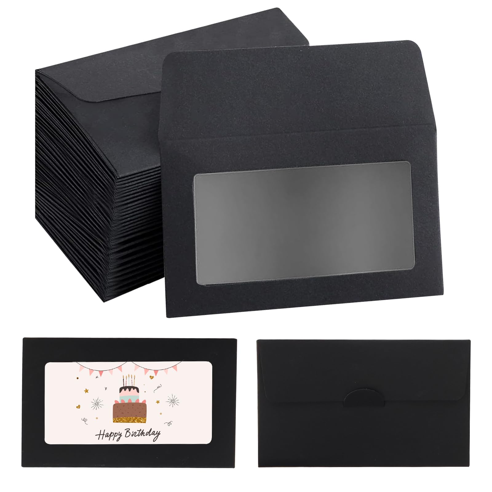 72 PCS Gift Card Envelopes 3.9 x 2.4 Inch Gift Card Holder Gift Sleeves with Windows and Buckle for Birthday Party Thanksgiving Gifts Business Invitation Card Envelopes Black