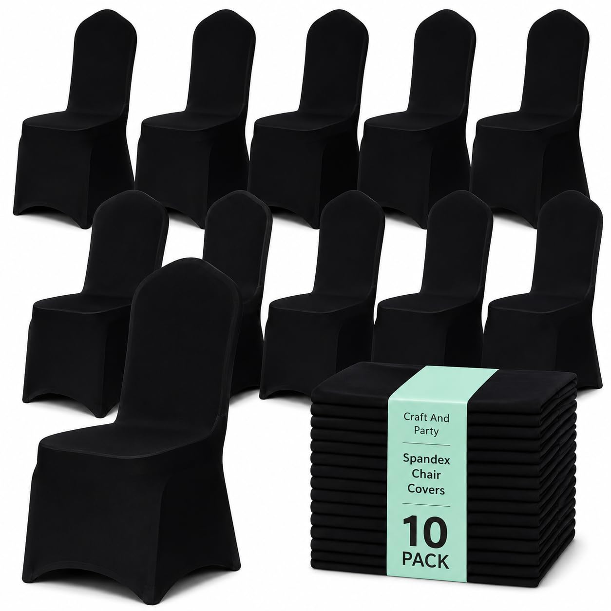 10 Pack Black Spandex Chair Covers – Stretch Polyester Slipcovers for Wedding, Banquet, Party &amp; Dining Chairs – Flat Front Design, Universal Fit