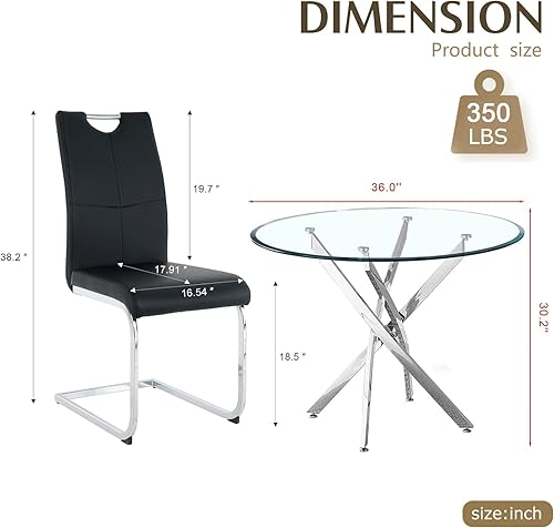 Miniatura 8 de Juego de 4 mesas de comedor modernas de 5 piezas, mesas de comedor redondas de vidrio templado de 36 pulgadas y 4 sillas de comedor negras de cuero,