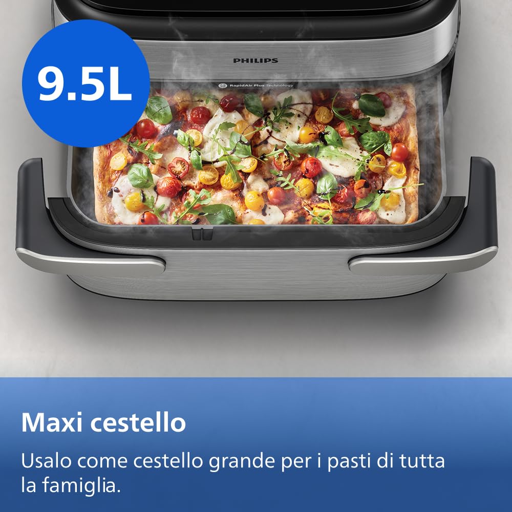 Philips Airfryer Serie 5000 con Maxi Capacità e Funzione Vapore – SteamFry, Vapore e Frittura ad Aria – 28 Programmi di Cottura, Doppio Scomparto 3L+6L, RapidAir Plus, SteamClean (NA565/00)