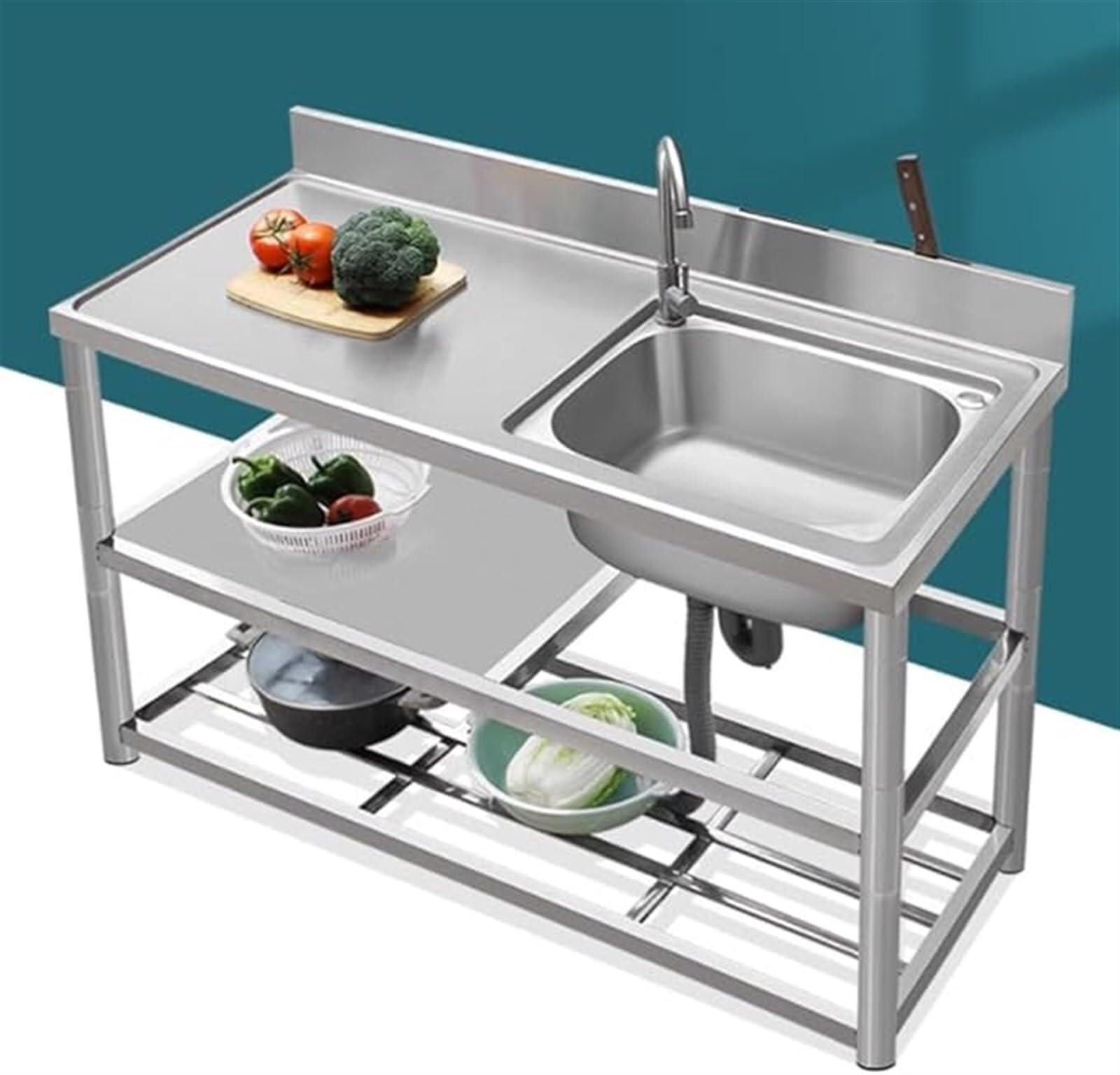 WBJGUOD Freestanding Stainless Steel Commercial Sink with Hot & Cold Water Faucet - Heavy-Duty Single Bowl Kitchen Storage Shelves and Accessories(Right Bowl,80cm/31.5in)