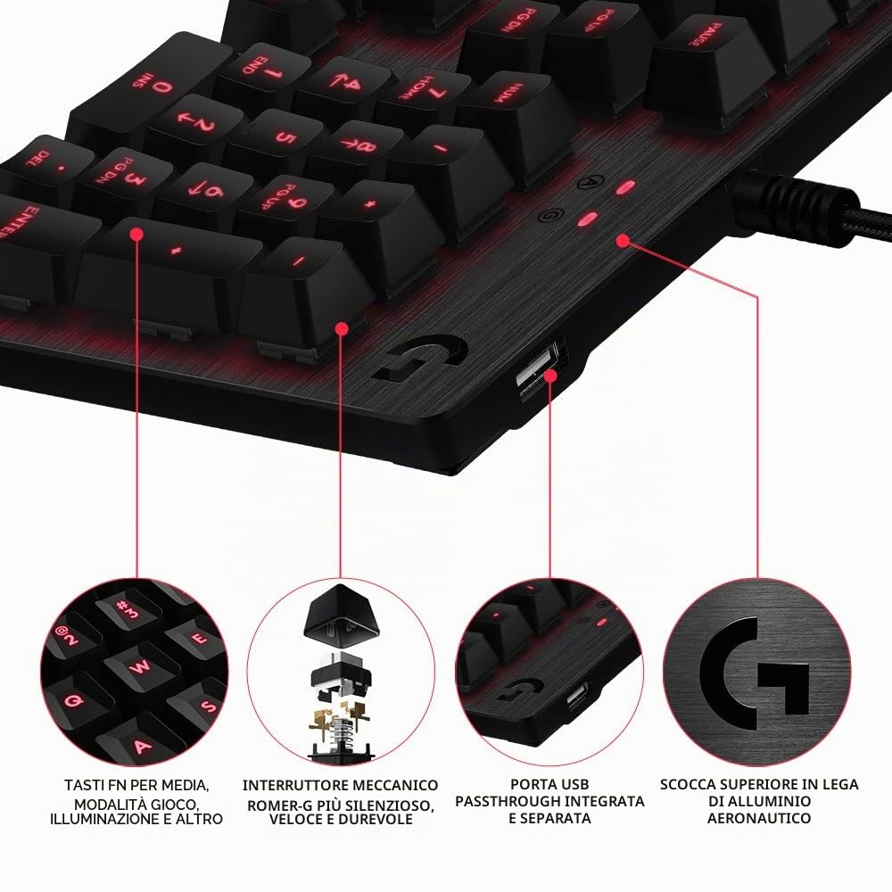 Logitech G413 Tastiera per Giochi Meccanica, Carbon, Layout US Internazionale