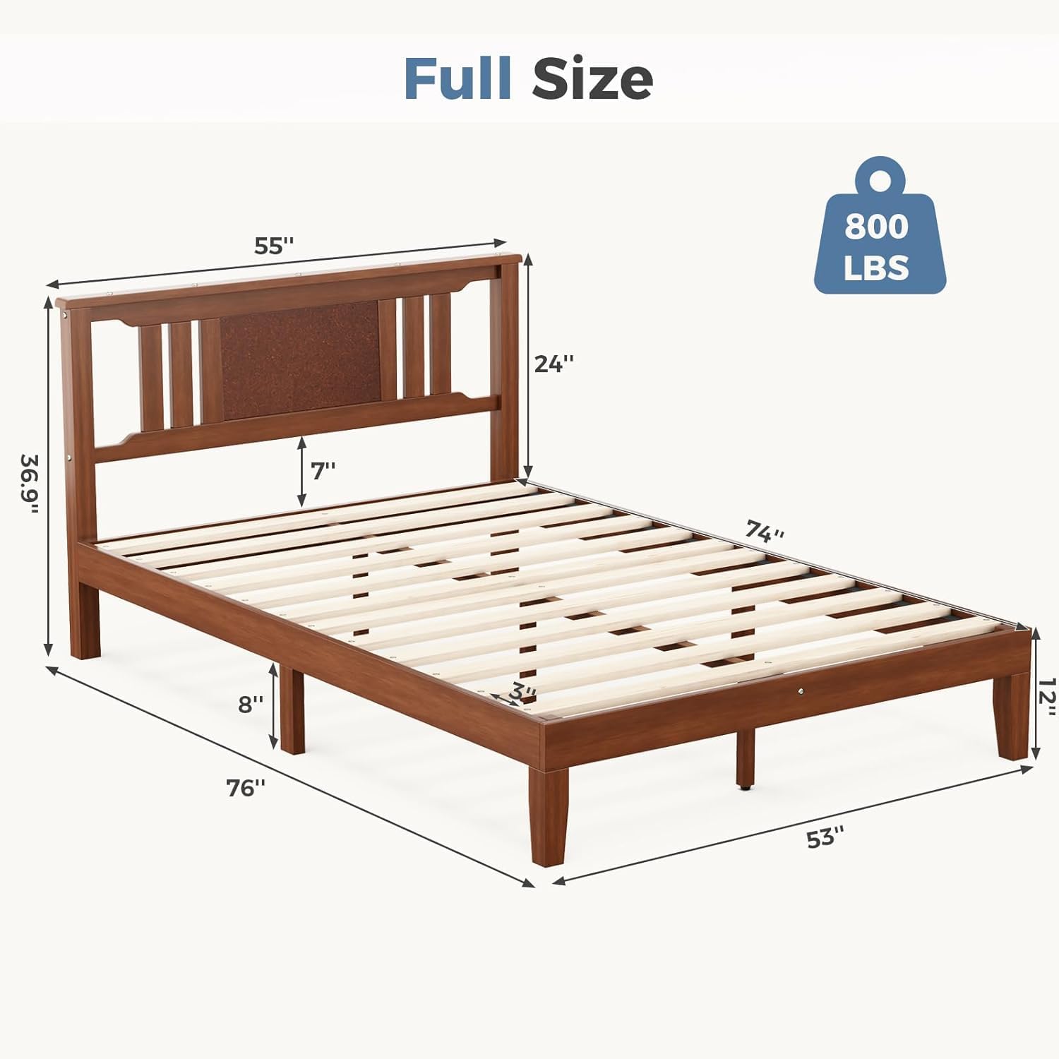 Solid Wood Bed Frame, Full Size Platform Bed Frame with Headboard, Sturdy Wood Slat Support, Heavy Duty Pine Wood Bed Frame for Bedroom, No Box Spring Needed