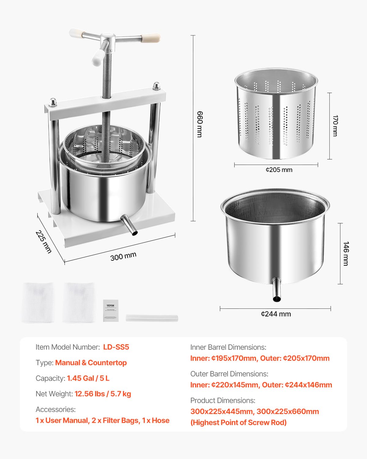 VEVOR Pressa Manuale per Vino di Frutta Cesto in Acciaio Inox 5L con Manico, Spremiagrumi Manuale per Bevande Alcoliche Pressa per Sidro, Mela, UVA, Tintura, Miele, Olio d'Oliva Cucina, Casa