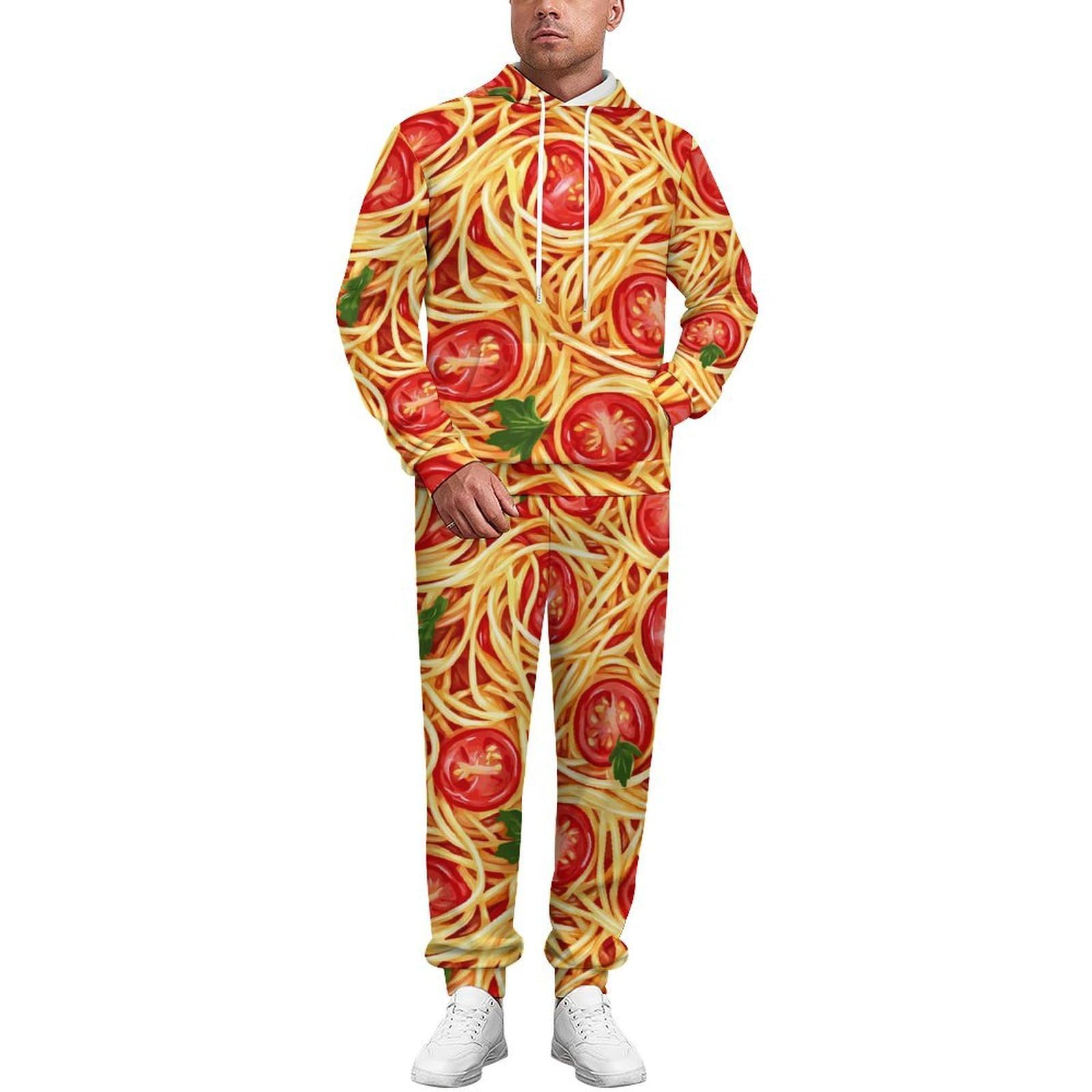 Set completo di felpa con cappuccio e pantaloni da jogging da uomo con spaghetti pasta e salsa T-omato Sauce