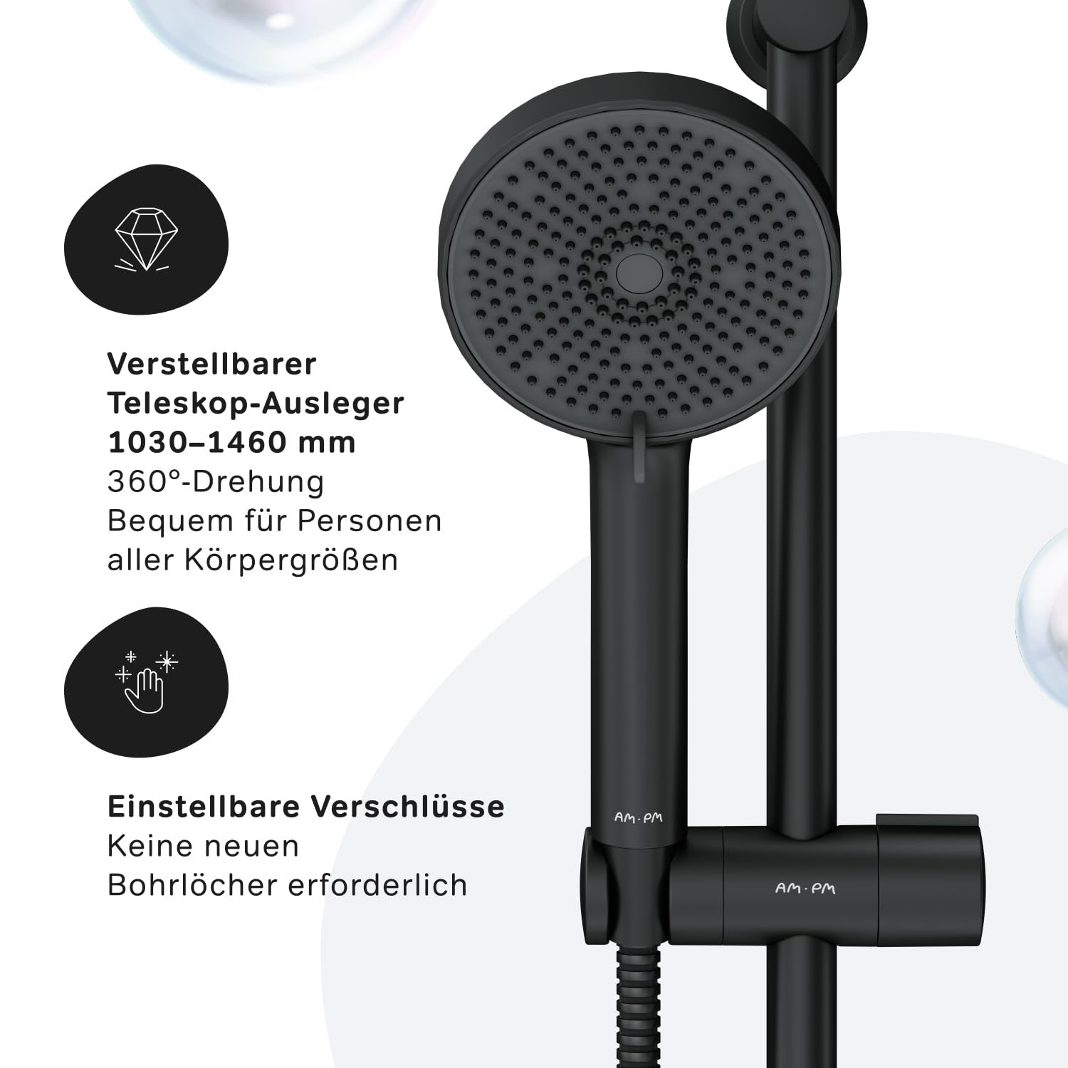 AM.PM Play – Duschsystem mit Thermostat | Duscharmatur Komplettset mit Regendusche & Handbrause | Höhenverstellbare Brausestange 5 Strahlarten | Air In & Duschkopf Antikalk | Rub&Clean | Schwarz Matt