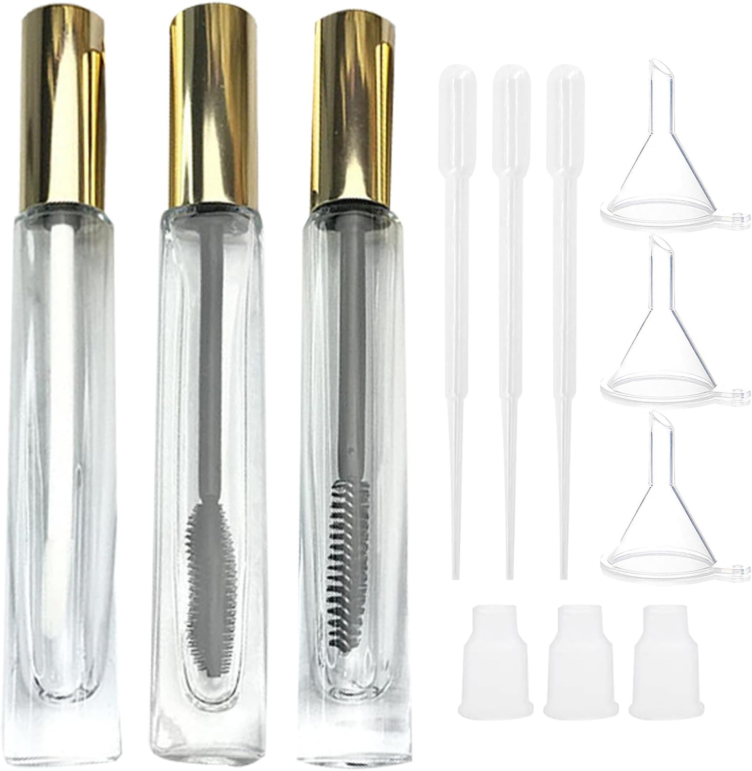 Empty Mascara Tube and Wand Glass, 3PCS 10ml Empty Mascara Tube and Lip Gloss Tubes, Eyelash Spoolies with Tube, Eyelash Growth Packing Tube Container for Home and Travel (B)