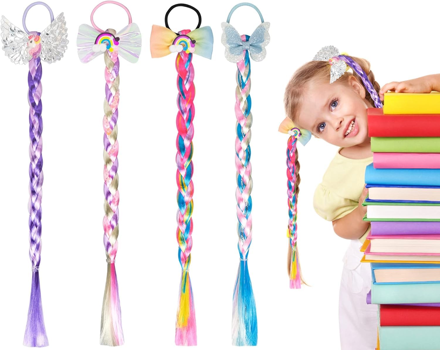 AMJKEJI 4 Pcs Colourful Braid Hair Extensions, Girls Braided Ponytail Hairpiece with Hair Band, Rainbow Bow Braid Wig for Princess Birthday Party, Cosplay, Daily Dress Up