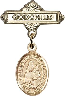 14kt Yellow Gold Baby Badge with Our Lady of Prompt Succor Charm and Godchild Badge Pin 1 X 5/8 inches