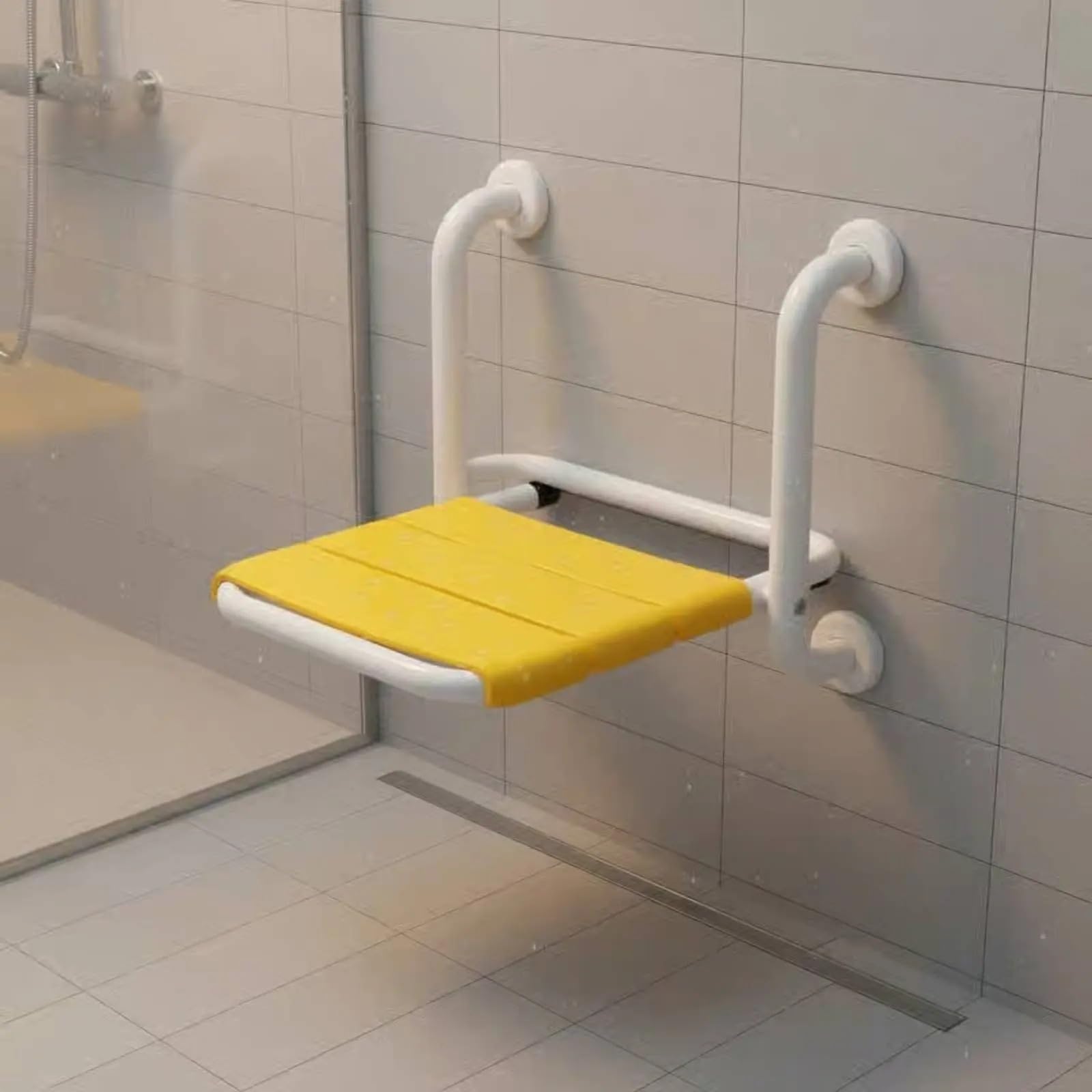 Asiento Ducha Pared Montada Asiento de Ducha montado en la Pared | Trabajo resistente plegable de los apoyabrazos plegables del baño del banco plegable a prueba de herrumbre(Yellow)