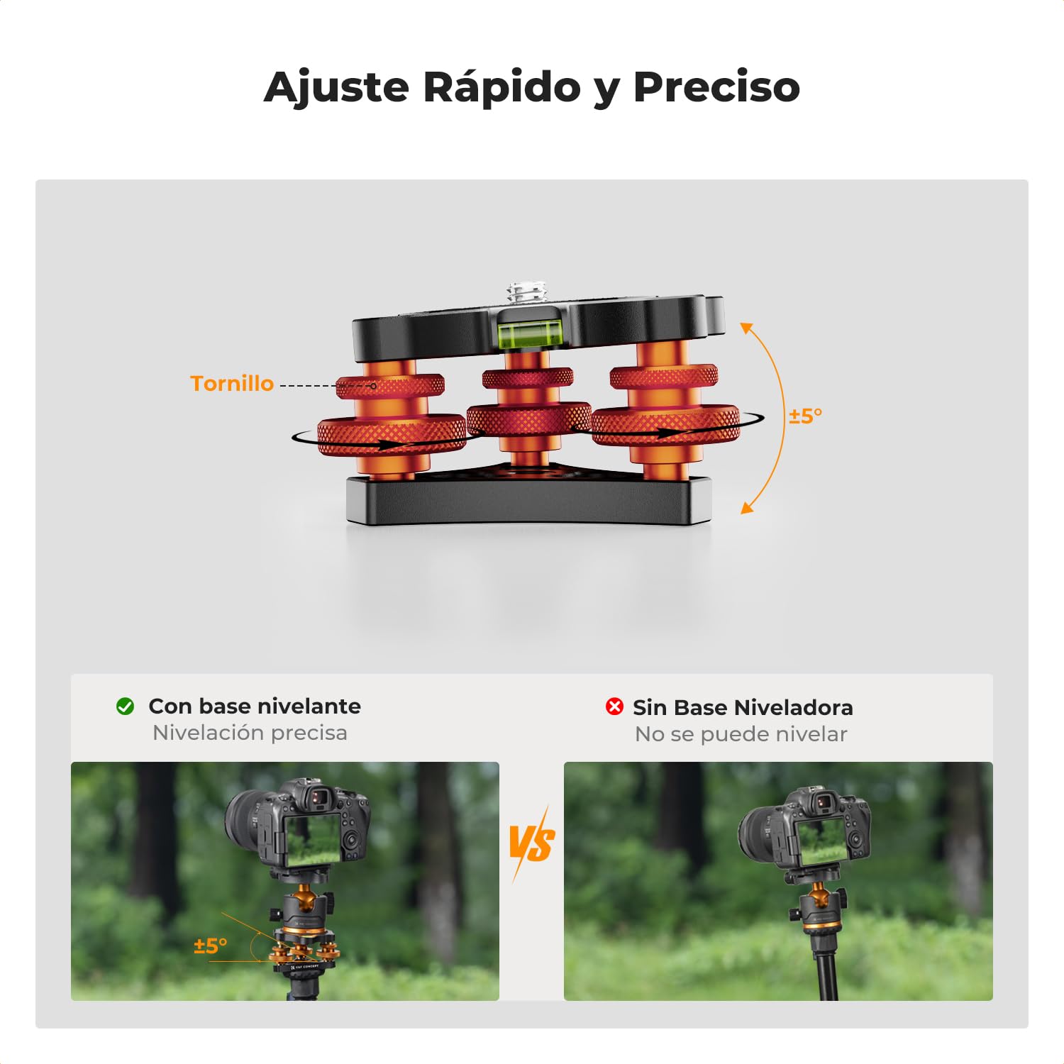 K&F CONCEPT Base Niveladora Trípode con Tornillo de 3/8'', Ajuste Preciso del Ángulo de -5°, Nivelación de Tres Ruedas para Fotografía Macro Panorámica con Adaptador de Tornillo de 1/4'' a 3/8''