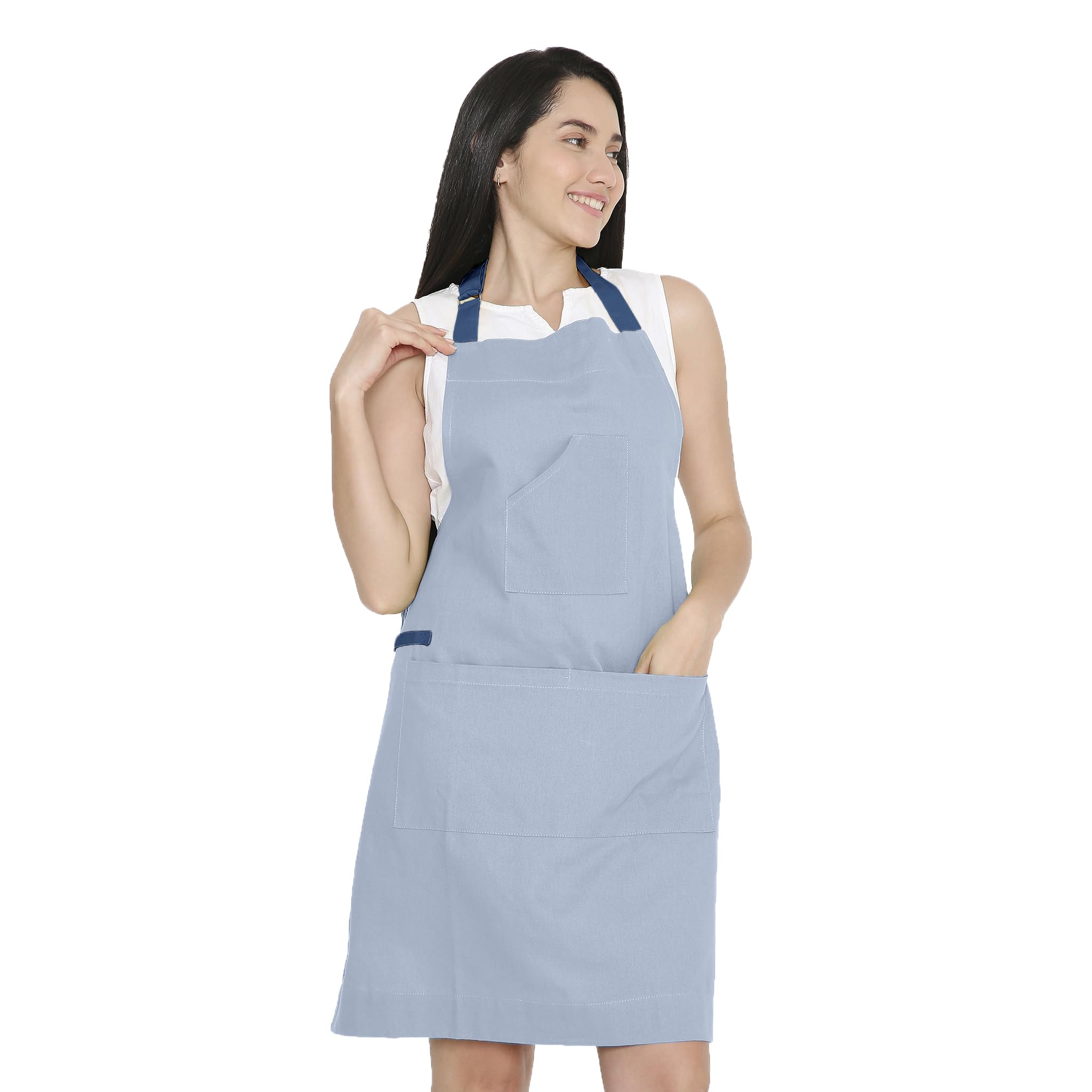 Encasa XO Adjustable Kitchen Cotton Apron With Pockets & Towel Holder of Size 68x85 cm (B Grey & Cobalt Blue) for Men & Women Chefs For Cooking & Baking in Home