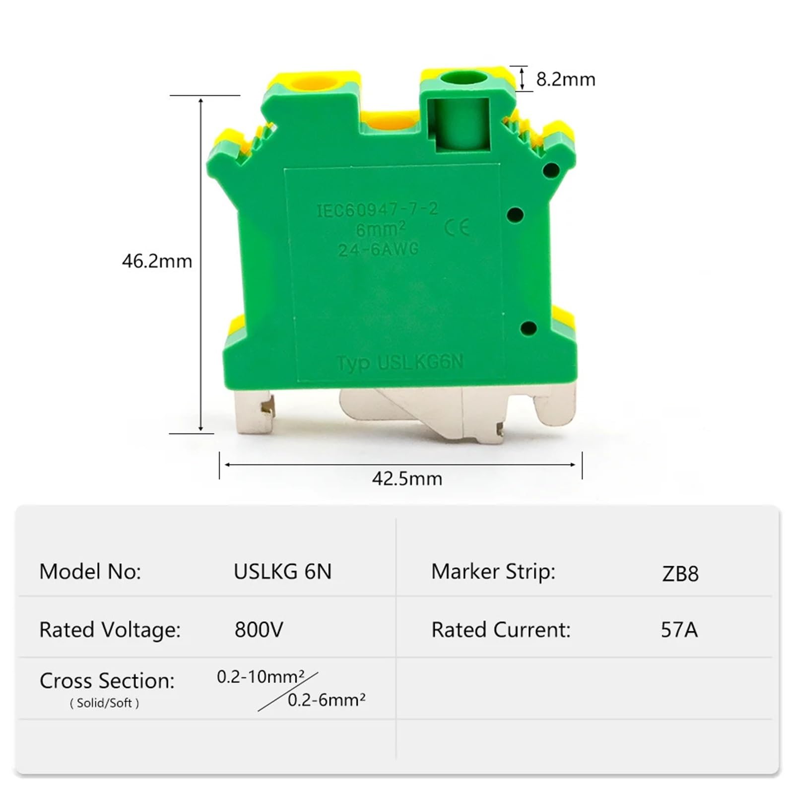 10 pezzi USLKG 6 morsettiera for guida DIN con messa a terra ad alta corrente 500 V 50 A conduttore di collegamento a vite