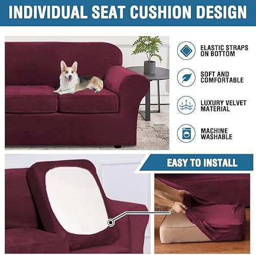 Miniatura 6 de H.VERSAILTEX Funda elástica de terciopelo rico en 2 piezas para silla, protector de muebles, suave con parte inferior elástica, funda de sofá con
