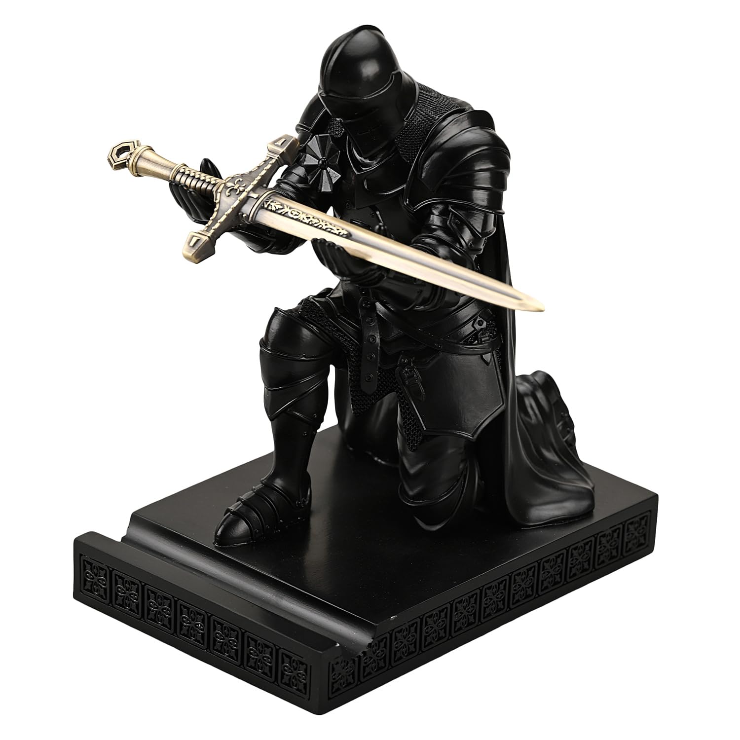Amoysanli Medieval Armored Warrior Wearing Outerwear, Mobile Phone Stand Knight Pen Holder Desk Organizers, Resin Bookends Paperweight with a Letter