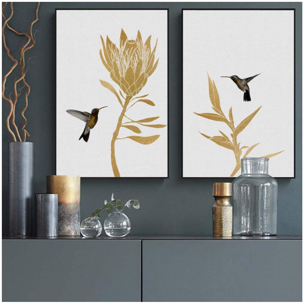 Cuadro en Lienzo Animales Cartel Mariposa Pájaro Carteles e Impresiones Planta de Oro Imagen de Arte de Pared para Sala de Estar Decoración para el hogar-50x70 cm con Marco