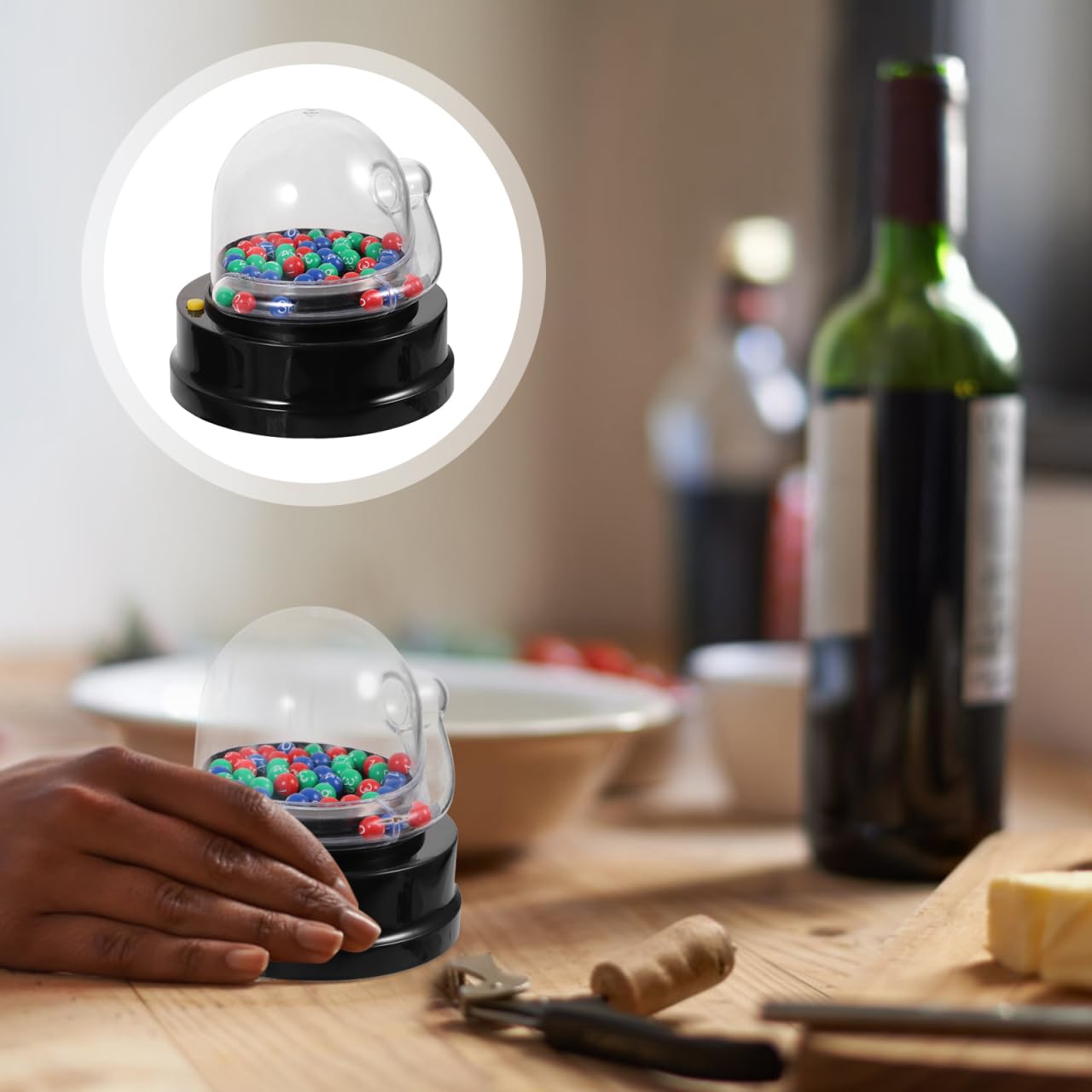 ibasenice Electric Lottery Machine Automatic Bingo Cage Ball Selector Black | ABS and PP plastic, automatic button draw, clear viewing globe, battery operated, compact size for travel and party tables