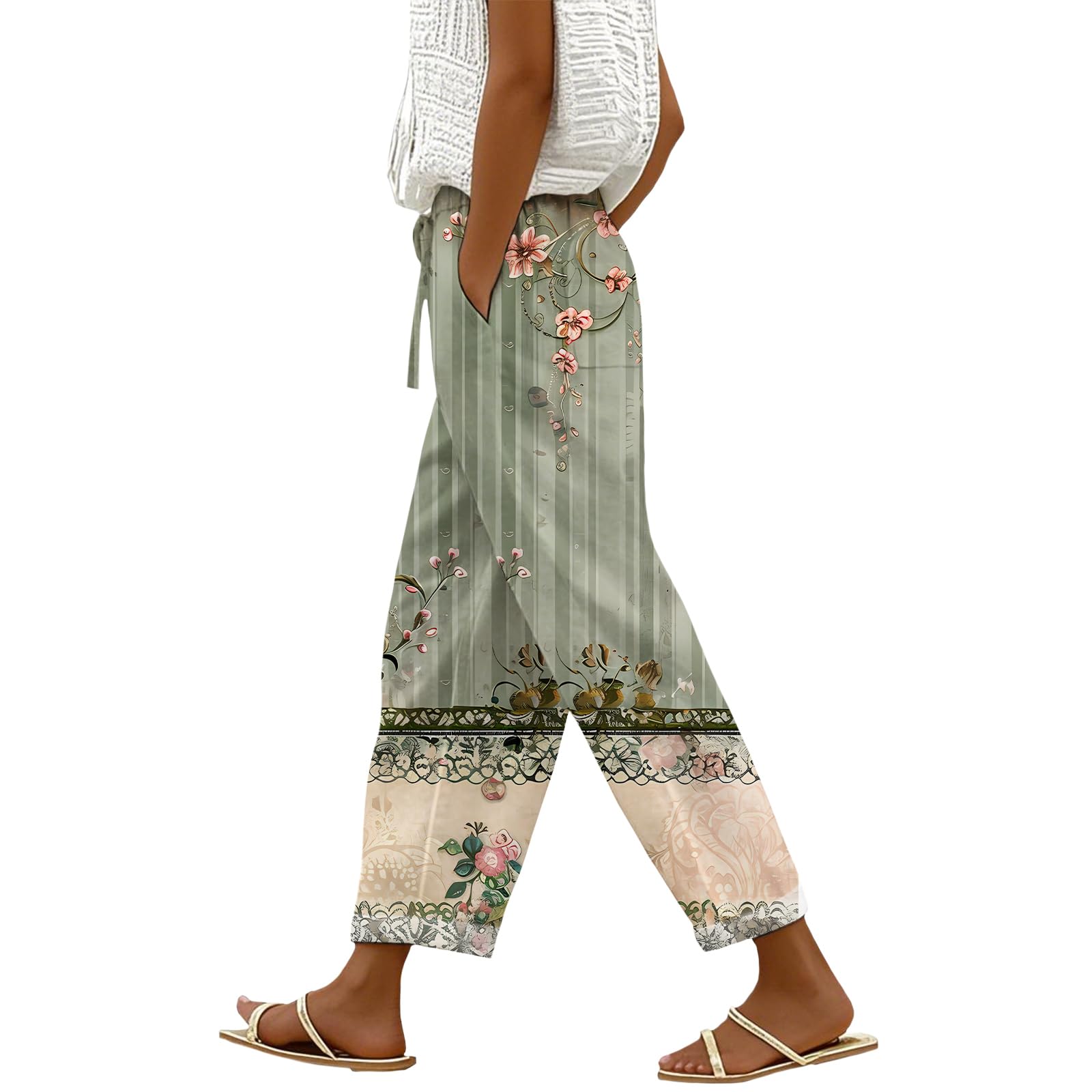 Womens Casual Linen Pants Elastic Waist Drawstring Trousers with Pockets Summer Beach Floral Pants