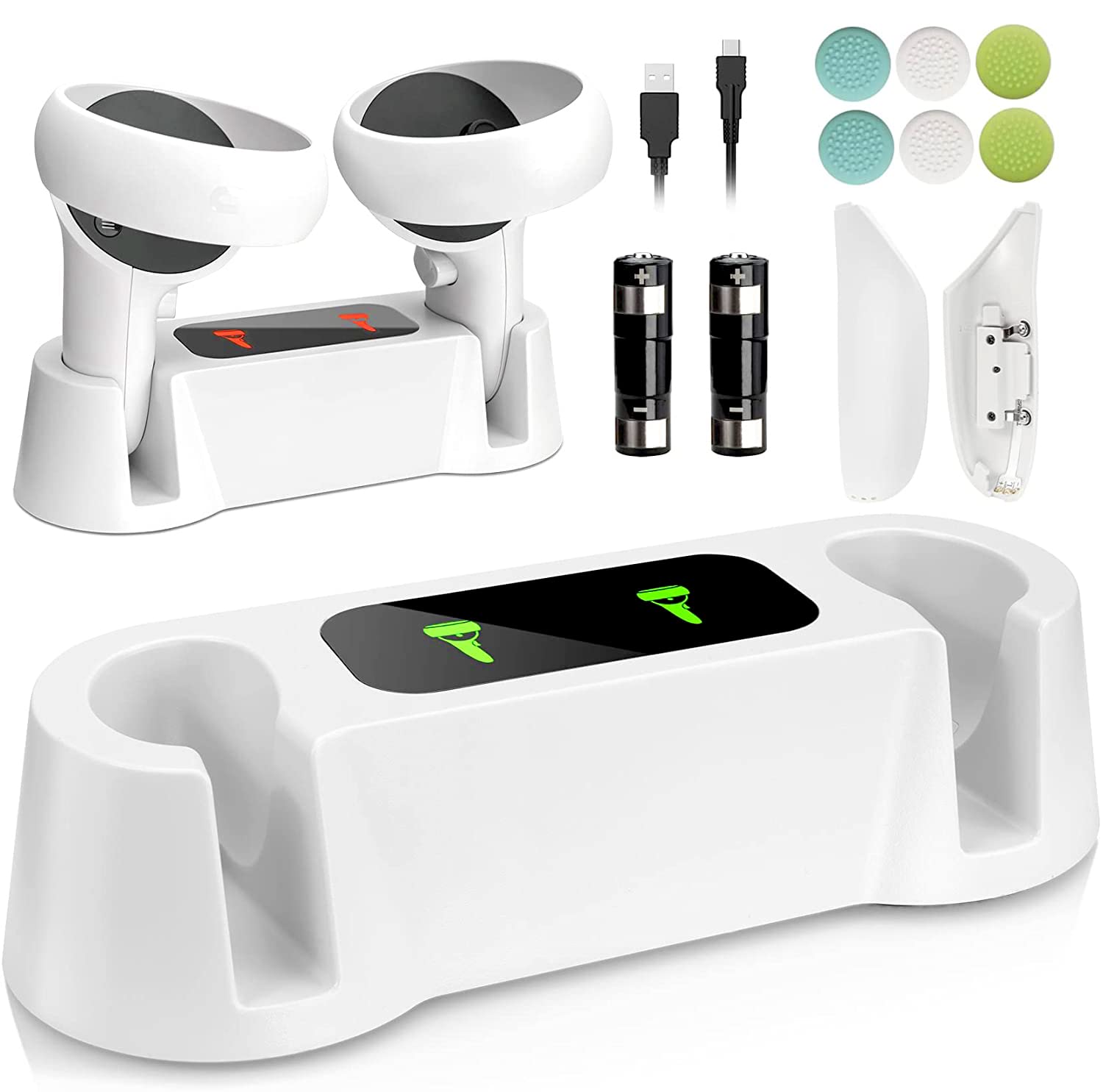 Station de charge pour manettes Oculus Quest 2, accessoires VR pour manettes Oculus Quest 2 avec 2 batteries rechargeables, station de charge rapide avec câble de charge de type C