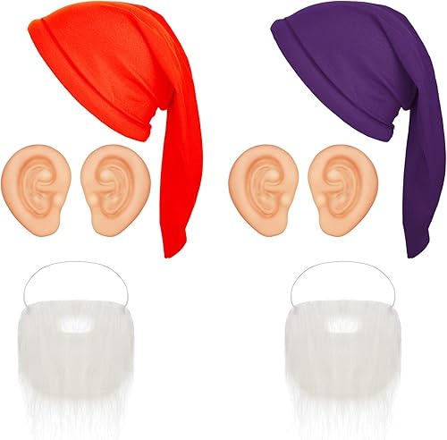 Geyoga Juego de disfraz de enano de Halloween de 6 piezas, disfraces de gnomo con sombreros enanos, barba falsa, orejas gigantes para fiestas de