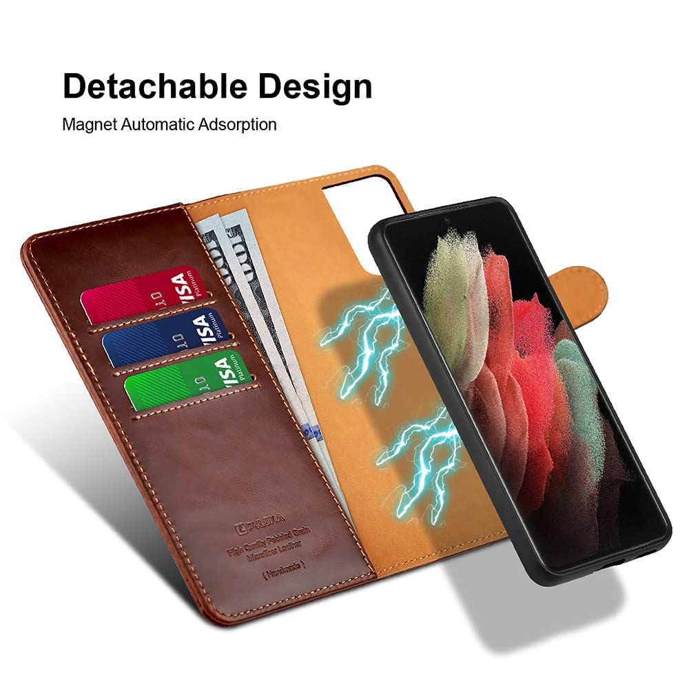 PULOKA - 2 in 1 Flip Cover for Samsung S23 Ultra - Protective Case with Card & Cash Pockets - Detachable Flip Case, Kickstand & Magnetic Closure -Vegan Leather - Profesional & Premium Finish -Brown 3