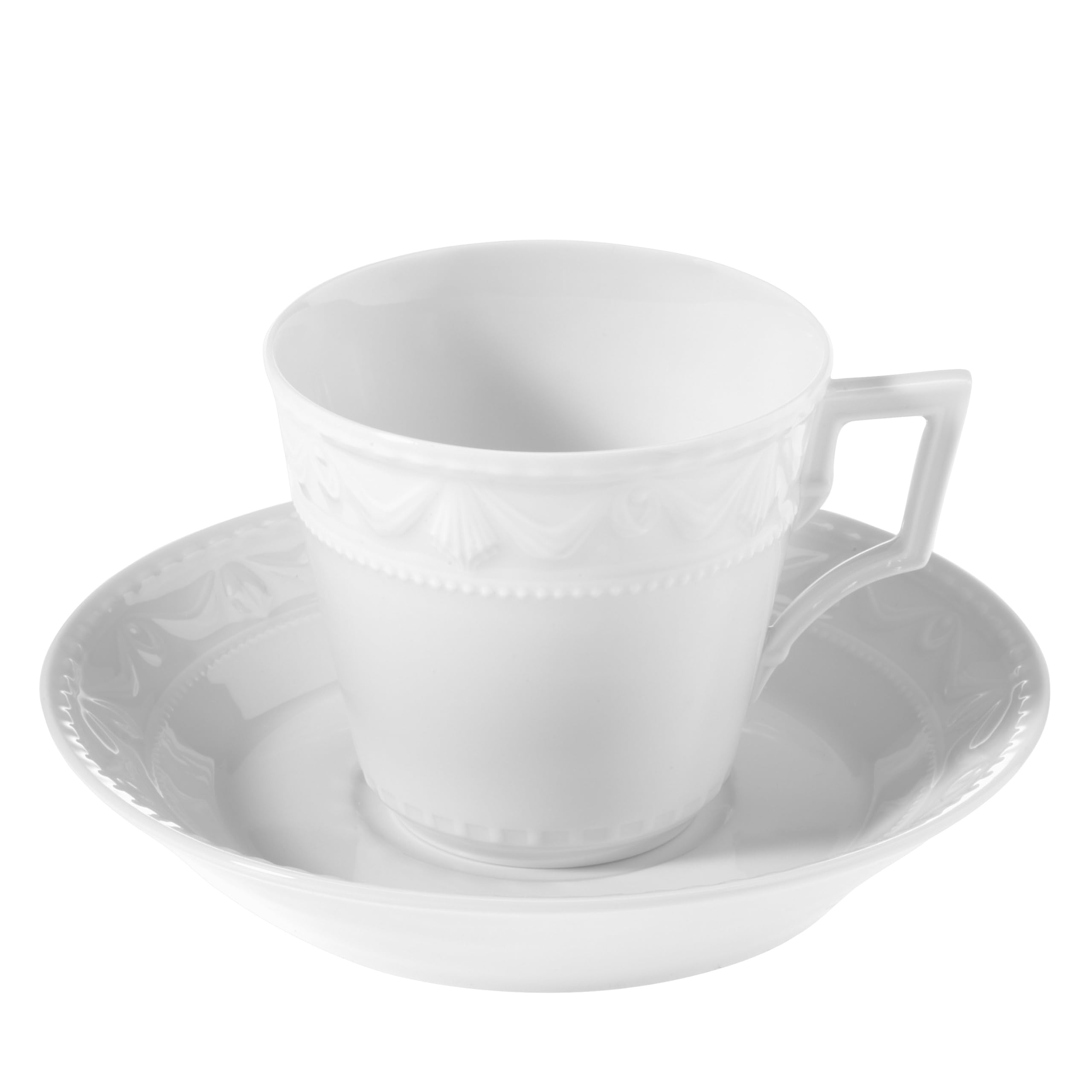 KPM Berlin KURLAND filiżanka do kawy, filiżanka + spodek z porcelany, filiżanka klasycyzmu ze spodkiem, 0,15 l, ręcznie robiona, biała