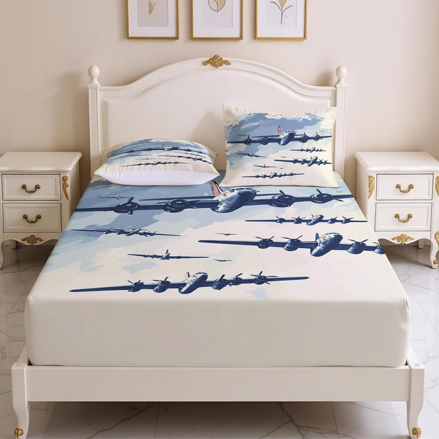 Airplane Double Fitted Sheet Gradient Bed Sheets Deep Pocket 12 inch (30 cm) Soft Cozy 3 Piece Microfibre Bed Sheet 135x190 cm with 2 Pillowcases 50x75 cm