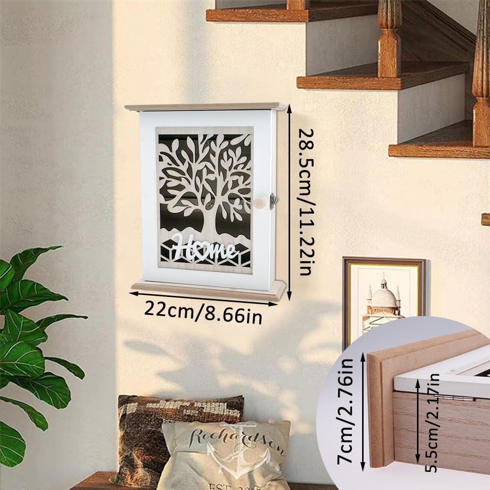 Drewniana skrzynka na klucze w stylu vintage, z 6 haczykami, drewniana, pusta skrzynka na klucze, biżuterię, małe przedmioty, biała, 22 x 7 x 28,5 cm