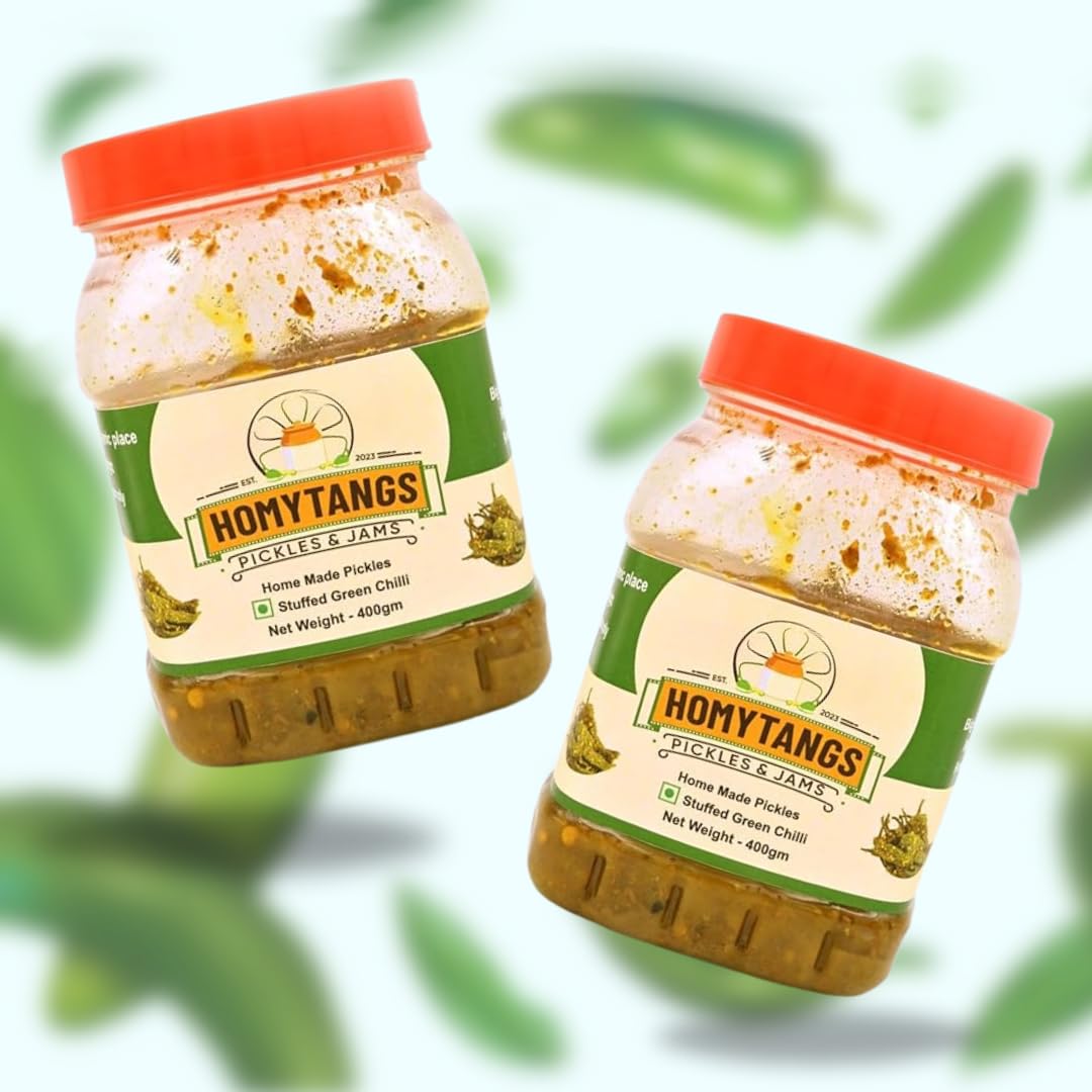 HOMYTANGS Stuffed Green Chilli Pickle 400g – Traditional Homemade Hari Mirch Ka Achar with Spicy Tangy Flavor, Natural Ingredients, No Preservatives 1