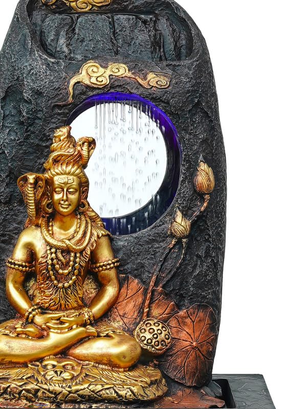 Image of CHRONIKLE Golden Brown Polyresin Tabletop Lord Shiv Indoor Water Fountain for Home Decor with LED, Speed ​​Control Pump (Size: 37 x 28 x 56 CM | Weight: 2900Gram)