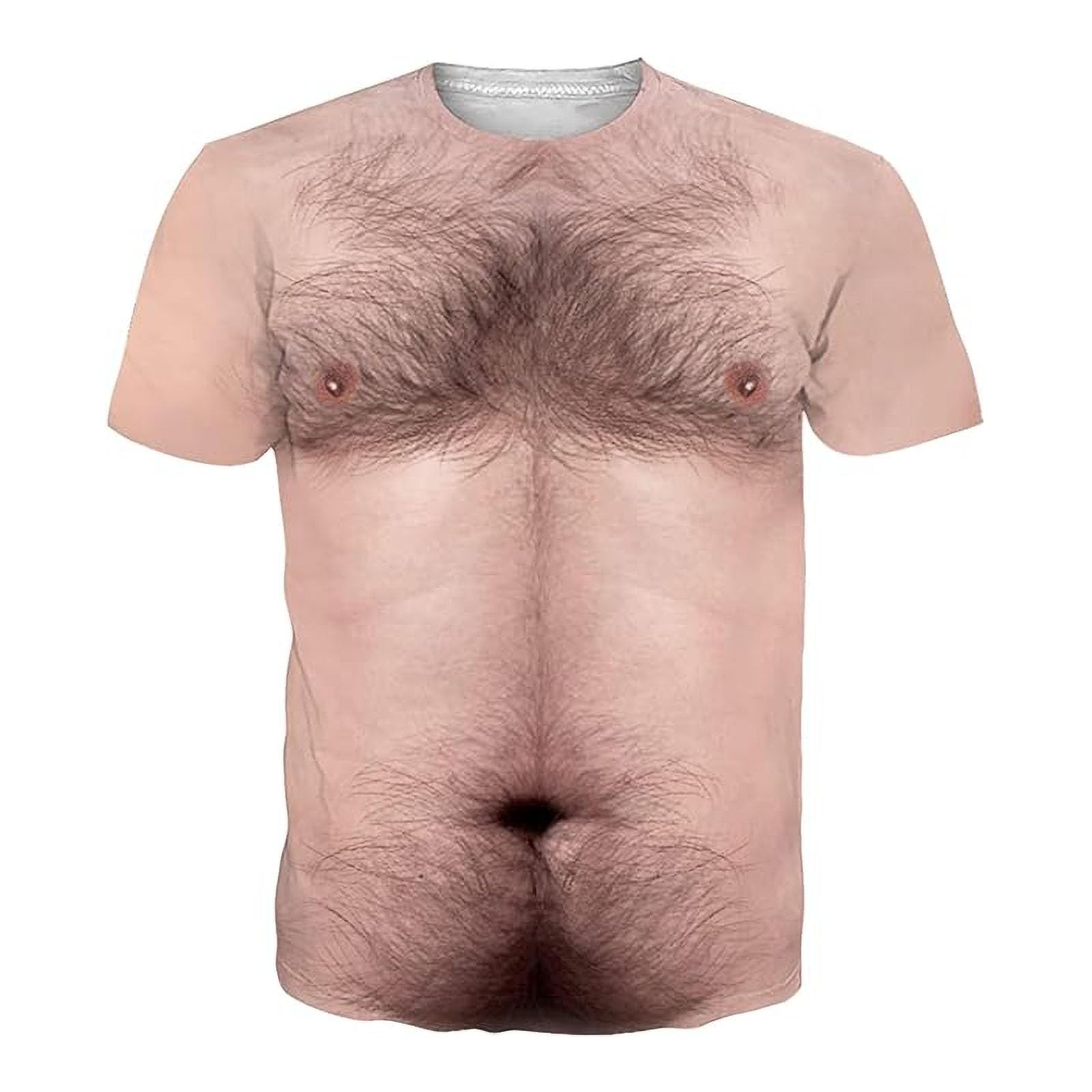 Maglietta Uomo Con Stampa 3D Petto Peloso | Girocollo Maniche Corte | Morbida In Poliestere Spandex | Leggera E Traspirante