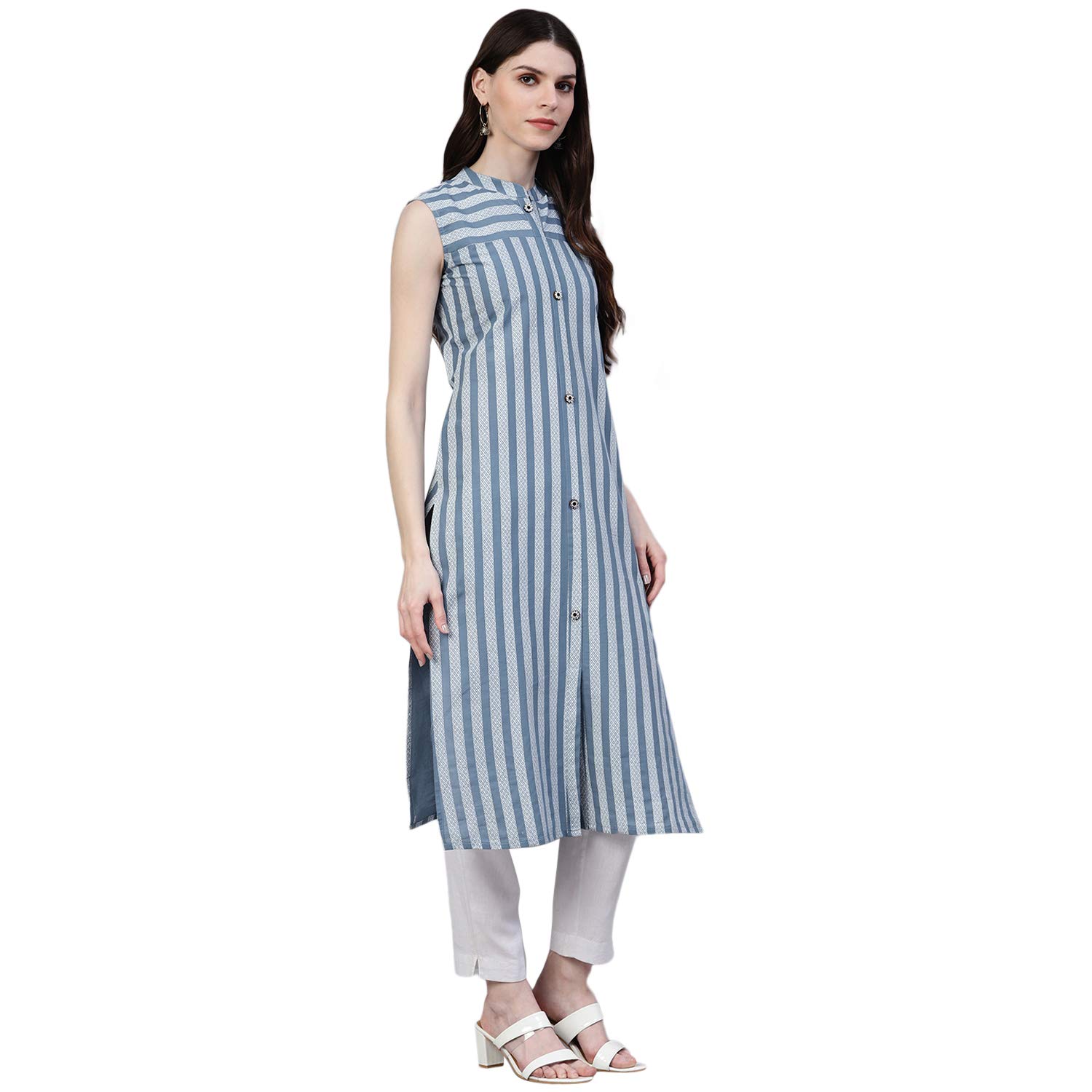 Stylum Women's Striped Cotton Straight Kurta (Sologrey34_Grey, Xs)