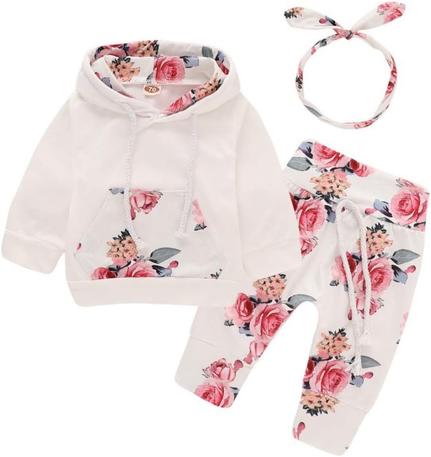 ESHOOBaby Girls Long Sleeve Print Hoodie Sweatshirt Tops+Pants+Headband 3Pcs Outfits Set (Size 100,12-18 Months)