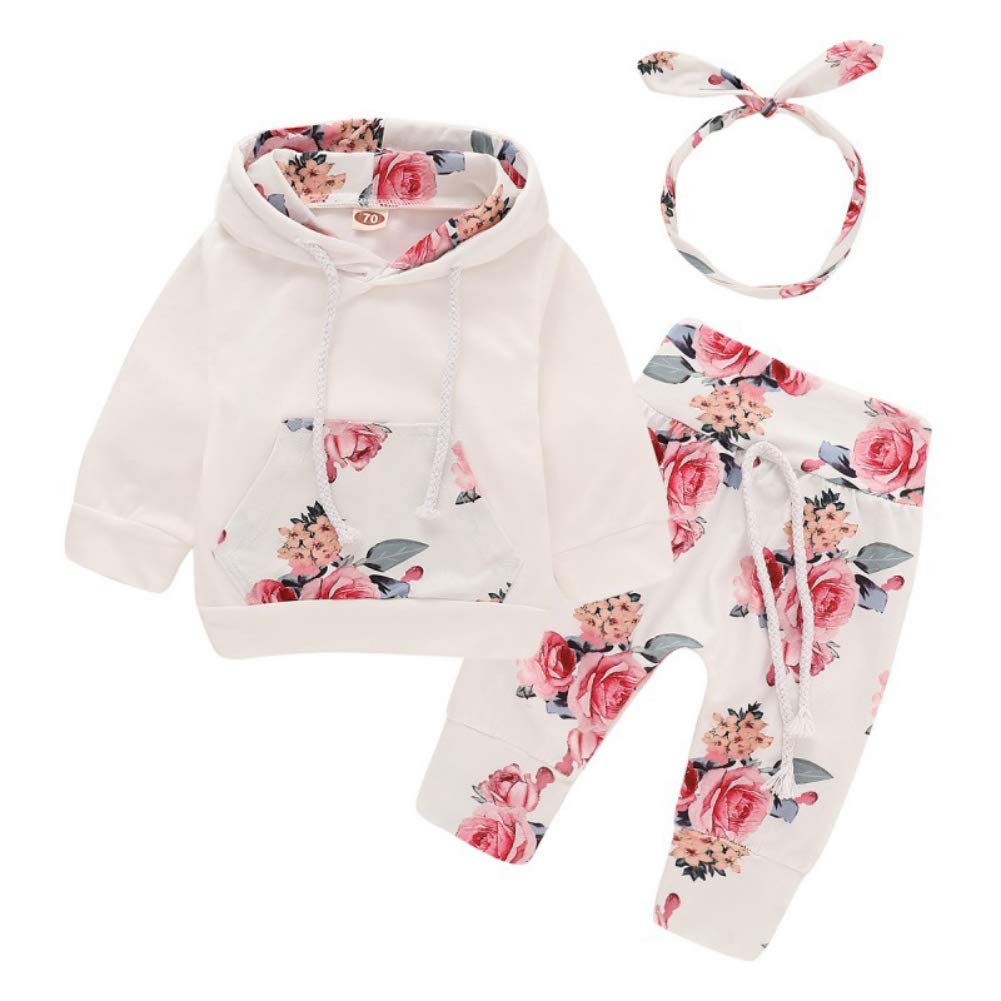 ESHOOBaby Girls Long Sleeve Print Hoodie Sweatshirt Tops+Pants+Headband 3Pcs Outfits Set (Size 100,12-18 Months)