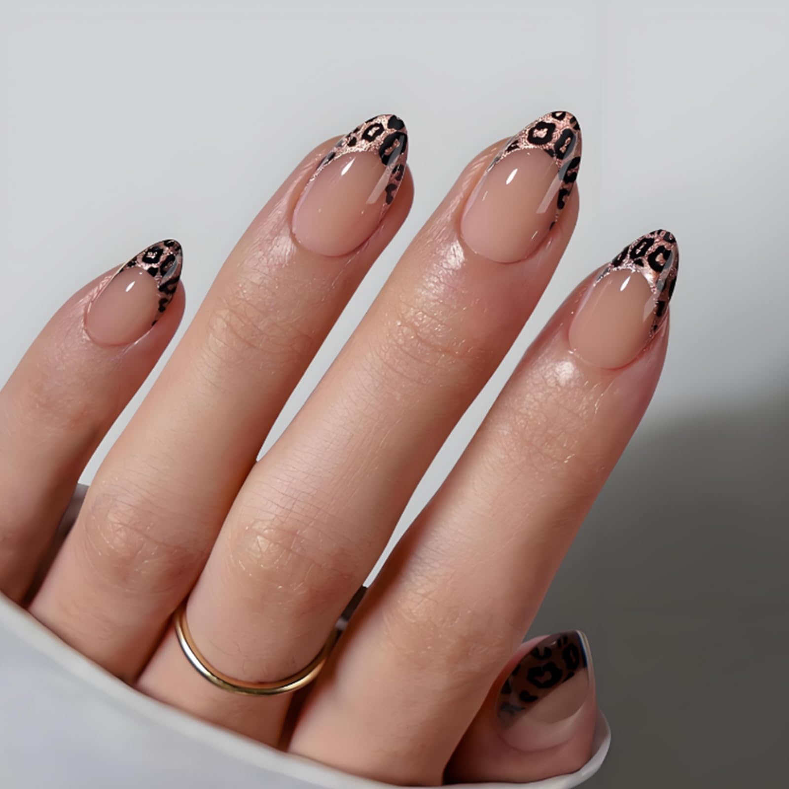 Long Coffin-Shaped French Edge Press on Nails with Glossy Nude Base and Leopard Print Tips