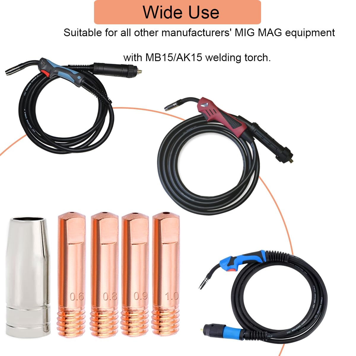 EATBALE MIG Welding Contact Tips 0.6/0.8/0.9/1.0mm MB15 15AK Torch Kits Nozzles Accessories for 15AK MB15 MAG MIG Welding Torch Consumables, 42 PCS with 40 PCS Copper Contact Tips, 2 PCS Shield Cups - Image 2
