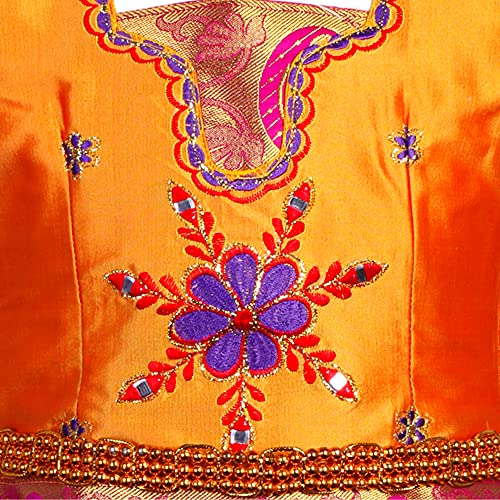 Image of Girls' Cotton Silk Readymade Pattu Pavadai Lehenga Choli Set with Waist Belt (Gold & Purple)