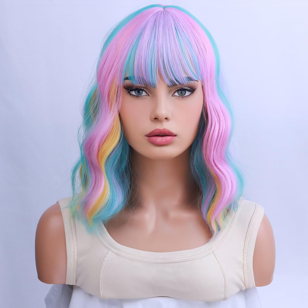 Amazon.com : WTHCOS Rainbow Wigs for Women Short Curly Wavy  display picture 3